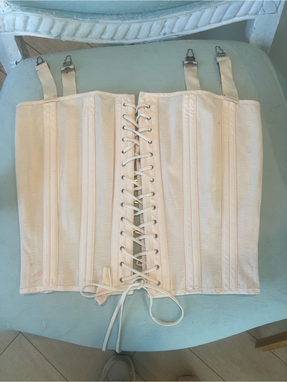 Vintage pale pink Ivory Lace-Up Waist Cincher Corset with Garter Straps